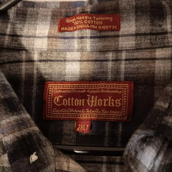 Cotton Works Flannel Shirt Men's 2XL Plaid Gray and Black and Brown Pearl Snaps - Picture 2 of 7